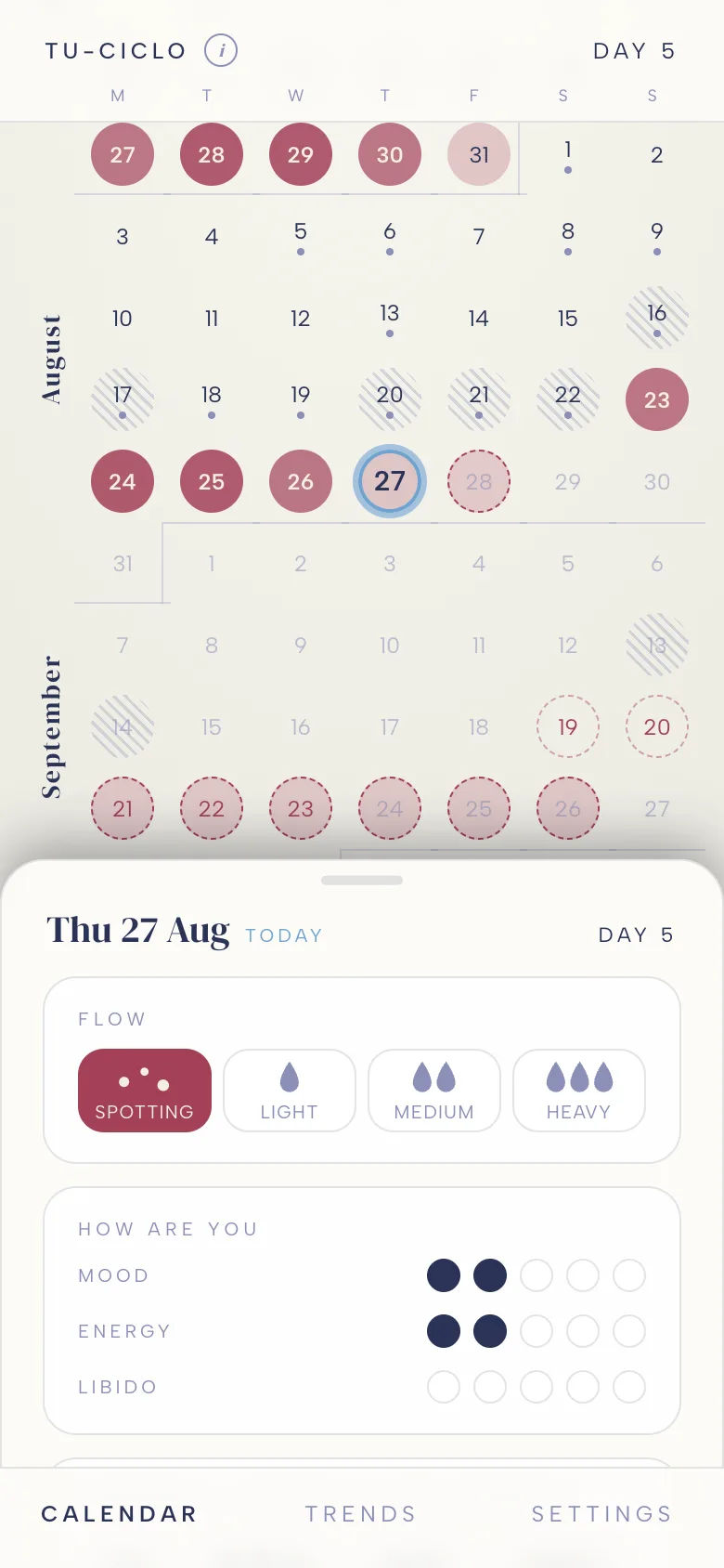 The calendar with a day sheet open below it