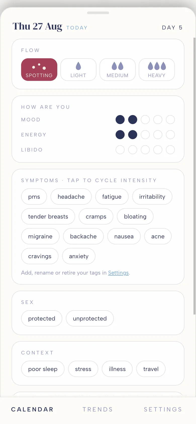 A day's editor: flow, how you feel, symptoms, a note